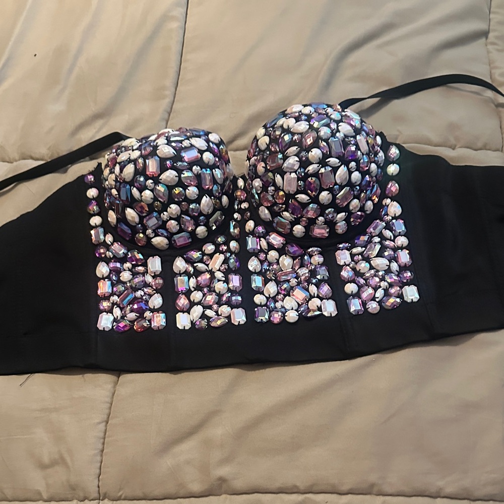Fashion Nova Black and Purple Embellished Crop Top